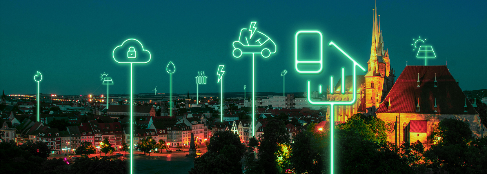 Leuchtende Icons von smarten Geräten am Nachthimmel von Erfurt